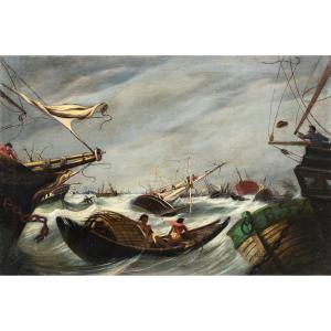 Pittore francese (fine XIX sec.) - Mare in tempesta.