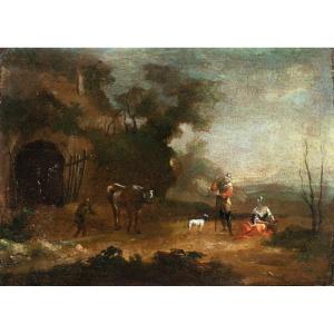 Pittore italiano (XVIII sec.) - Paesaggio con pastori a riposo.