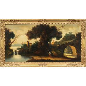 Pittore italiano (XIX-XX sec.) - Paesaggio fluviale con bosco e cittadina.