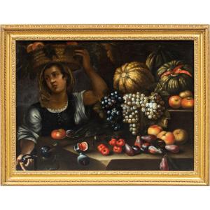 Francesco Annicini (Roma 1632 - post 1679) - Natura morta con fruttivendola.