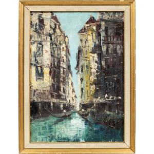 Pittore veneziano (inizi XX sec.) - Veduta di Venezia con canale e gondole.