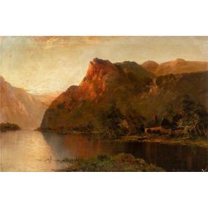 Pittore britannico (fine XIX sec.) - Veduta di Loch Lomond al tramonto.