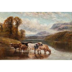 William Vivian Tippett (British, 1833 - 1910) - Paesaggio con mucche al lago.