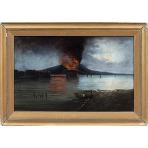 Pittore italiano (XIX sec.) - Golfo di Napoli col Vesuvio in eruzione.