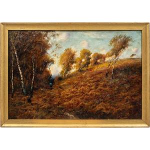 Pittore europeo (fine XIX sec.) - Paesaggio con bosco e sentiero.