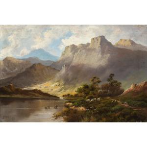 J. M. Ducker (British, inizi XX sec.) - Paesaggio montano con lago e pecore.