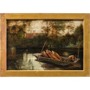 Pittore inglese (fine XIX sec.) - Paesaggio fluviale con barca.