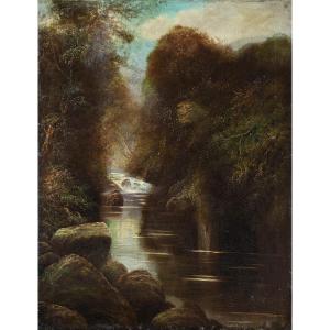 W. Miller (British, fine XIX sec.) - Paesaggio boschivo con ruscello.