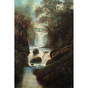 S.W. Clifford (British, fine XIX sec.) - Paesaggio boschivo con cascata. 