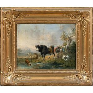 Pittore italiano (fine XVIII-inizi XIX sec.) - Paesaggio con mucche, capre e cane al ruscello.