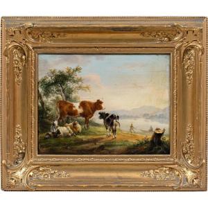 Pittore italiano (fine XVIII-inizi XIX sec.) - Paesaggio con mucche, capre e barca.