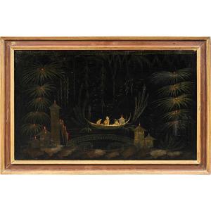Pittore cinese (XVIII secolo) - Scena orientale con barca al fiume.