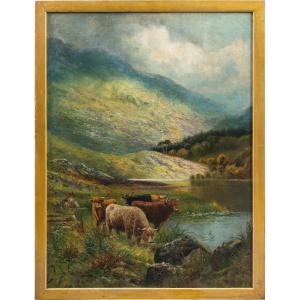 Pittore inglese (fine XIX sec.) - Paesaggio con mandria di Highlands al lago.
