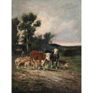 Pittore europeo (fine XIX sec.) - Paesaggio con mucche e gregge di pecore.