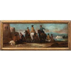 Giuseppe Zais (Forno di Canale 1709 - Treviso 1784) - Paesaggio con cavalieri in sosta.