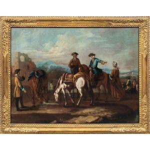 Giuseppe Zais (Forno di Canale 1709 - Treviso 1784) - Paesaggio con cavalieri in sosta.