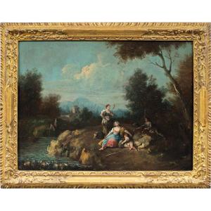 Giuseppe Zais (Forno di Canale 1709 - Treviso 1784) - Paesaggio con pastorelli e filatrice.