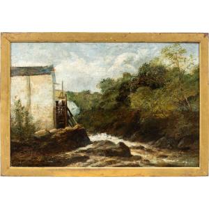 Pittore europeo (fine XIX sec.) - Paesaggio con mulino e ruscello.
