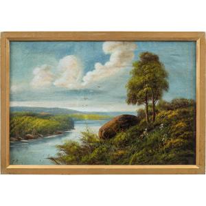 Sidney Richard Percy (British, 1822 - 1886) - Paesaggio fluviale con rondini in volo.