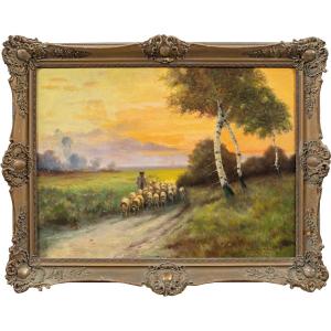 Pittore inglese (XIX sec.) - Paesaggio con gregge al tramonto.