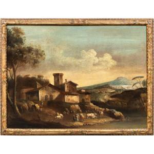 Francesco Tironi (Venezia 1745 - Venezia 1797) - Paesaggio veneto con pastori e armenti. 