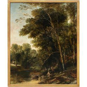 Pittore inglese (XIX sec.) - Paesaggio al fiume con pescatore che riceve lettera.