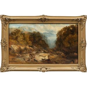 Pittore inglese (XIX sec.) - Paesaggio con cacciatori e cani.