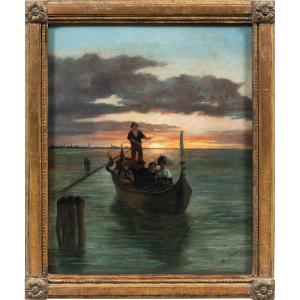 G. Jeanson (attivo a Venezia nel XIX sec.) - Venezia, veduta con personaggi in gondola.
