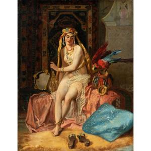 Pittore orientalista (XIX sec.) - Odalisca con pappagallo. 