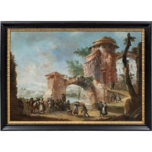 Pittore italiano (XVIII sec.) - Paesaggio con rovine e personaggi. 