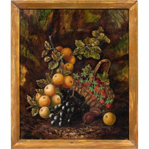 J. Clays (British, XIX-XX sec.) - Natura morta con cesto di frutta.