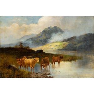 Pittore britannico (fine XIX secolo) — Paesaggio con mandria di Highland cattle al lago.