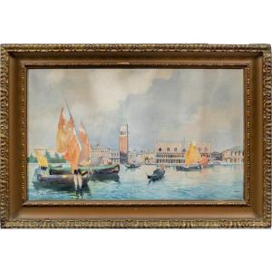 Gino Scalatelli (Venezia 1870 - Venezia 1920) - Venezia, veduta del bacino di San Marco. 