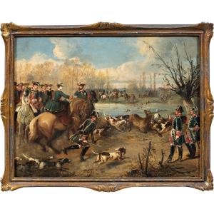 Jean-Adolphe Beaucé (Parigi 1818 - Parigi 1875) - Caccia al cervo.