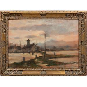 Vittorio Antonio Cargnel (Venezia 1872 - Milano 1931) - Paesaggio con borgo e figure.