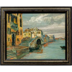 Pittore veneziano (inizi del XX secolo) - Canale veneziano con ponte e palazzo gotico. 