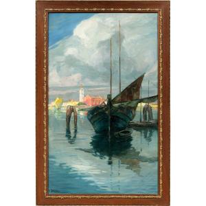 E. Scattolini (Venezia,  inizi del XX sec.) - Barche da pesca nella laguna con veduta di Burano