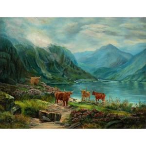 Lilian Harrison (British, XIX - XX sec.) - Tori delle Highlands in un paesaggio lacustre