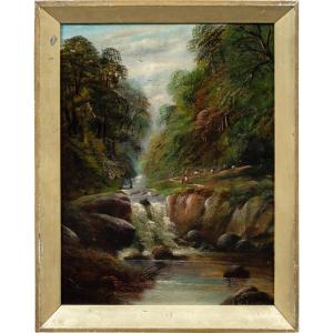 Pittore britannico (XIX-XX secolo) - Paesaggio boscoso con cascata, pastorella e gregge. 