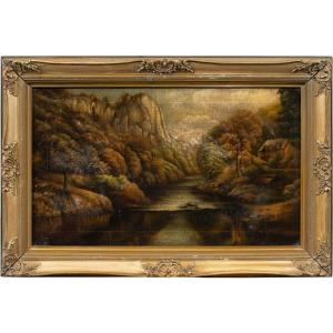 Pittore nordeuropeo (XIX-XX secolo) - Paesaggio fluviale con rocce e casolare.