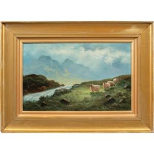 F. W. Kirtley (British, XIX sec.) - Paesaggio montano con pecore.