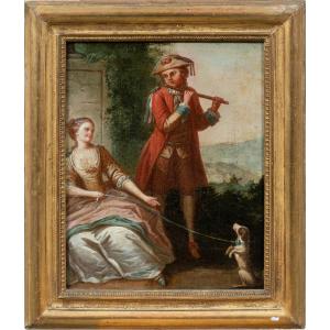 Pittore francese (XVIII sec.) - Suonatore di flauto e cane.