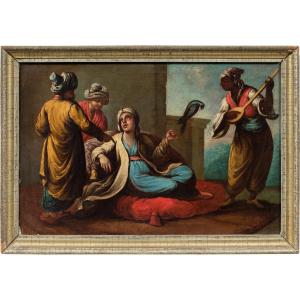 Pittore veneziano (XVIII sec.) - Scena orientale con figure in costume turco e pappagallo.