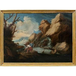 Attribuito a Bartolomeo Pedon (Venezia 1665 - Venezia 1732) - Paesaggio fluviale con pescatori.