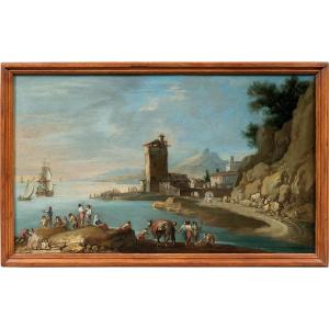 Attribuito a Francesco Simonini (XVIII) - Paesaggio portuale con torre e personaggi.