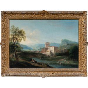 Marco Ricci (Belluno 1676 - Venezia 1730) - Paesaggio idillico con fiume e mulino.