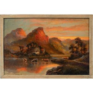 William Langton (British, fine XIX secolo) - Lago al tramonto.