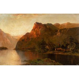 John MacWhirter RA (Slateford, Edimburgo 1839-Londra 1911) — Veduta di Loch Lomond al tramonto.