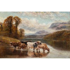 William Vivian Tippett (British, 1833 - 1910) - Paesaggio con bovini al guado.