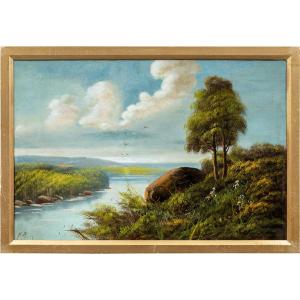 Sidney Richard Percy (Londra 1822 - Bedfordshire 1886) - Paesaggio fluviale con rondini in volo
